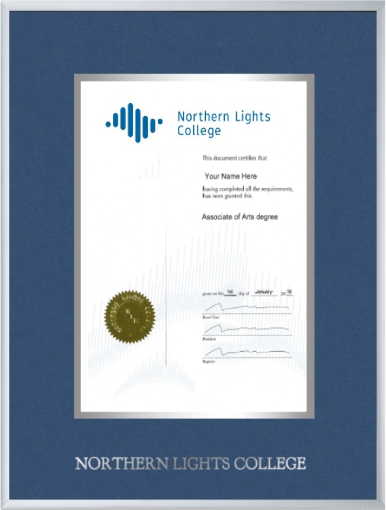 Satin silver metal diploma frame with double mat board and silver foil stamp with "NORTHERN LIGHTS COLLEGE" GOUDY 24P. (#SS-12x15-volc/ss-fs)